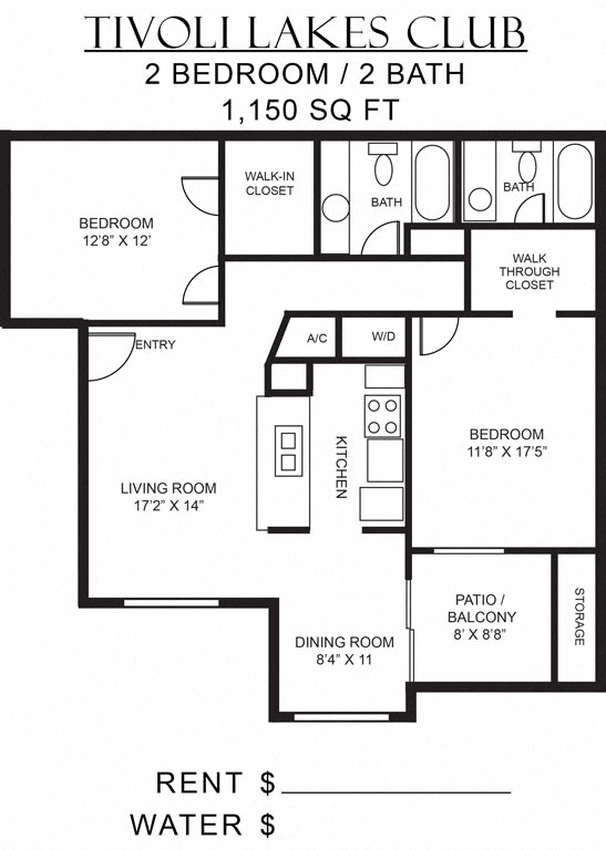 Floor plan for 2 beds, 2 baths, 1150 sqft